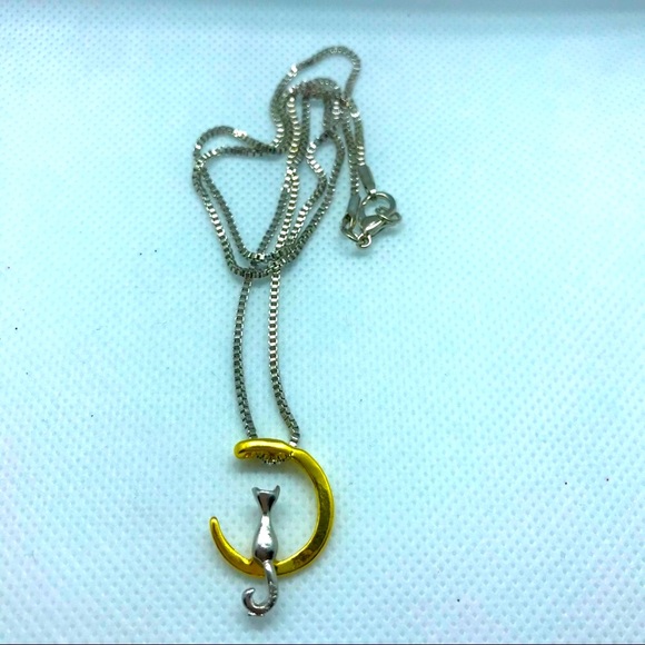 Kitty Cat on a Golden Crescent Moon Pendant - Picture 7 of 7